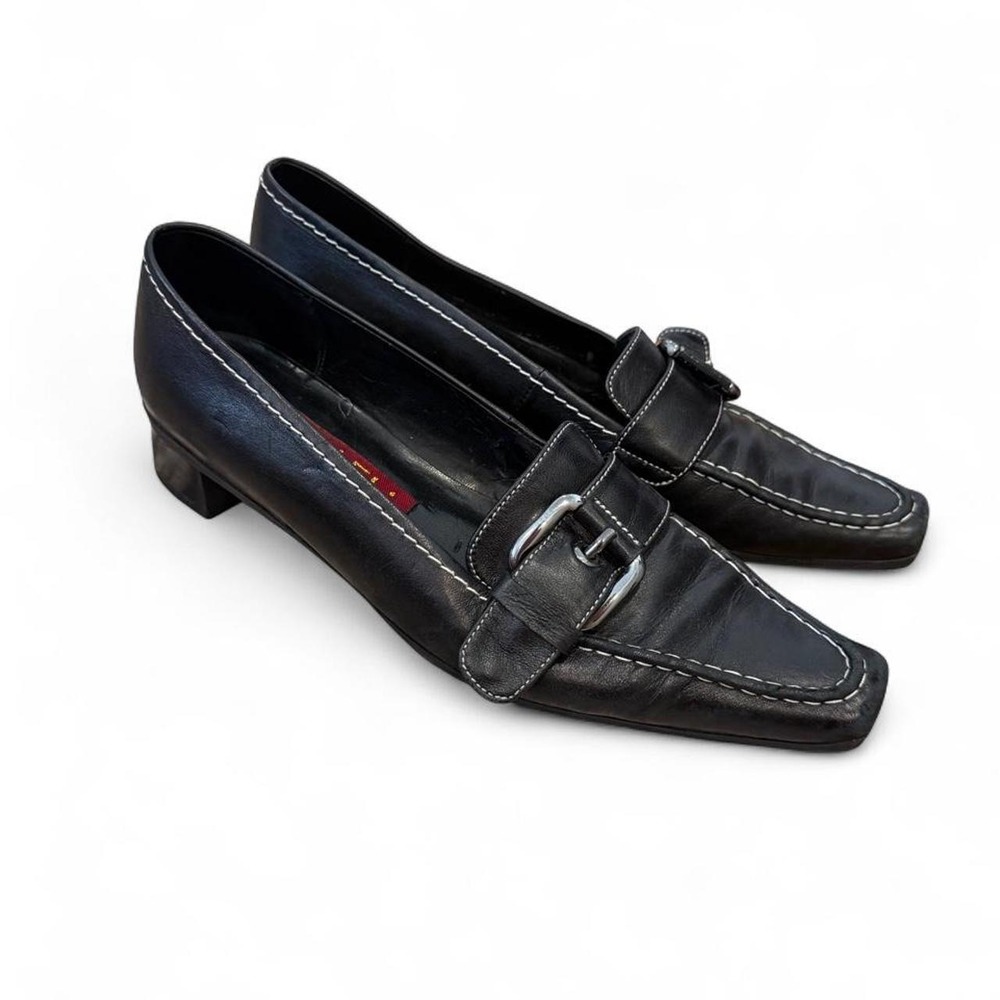 Vaneli East Black Leather Square Toe Buckle Loafers White Stitching Heel 7-7.5